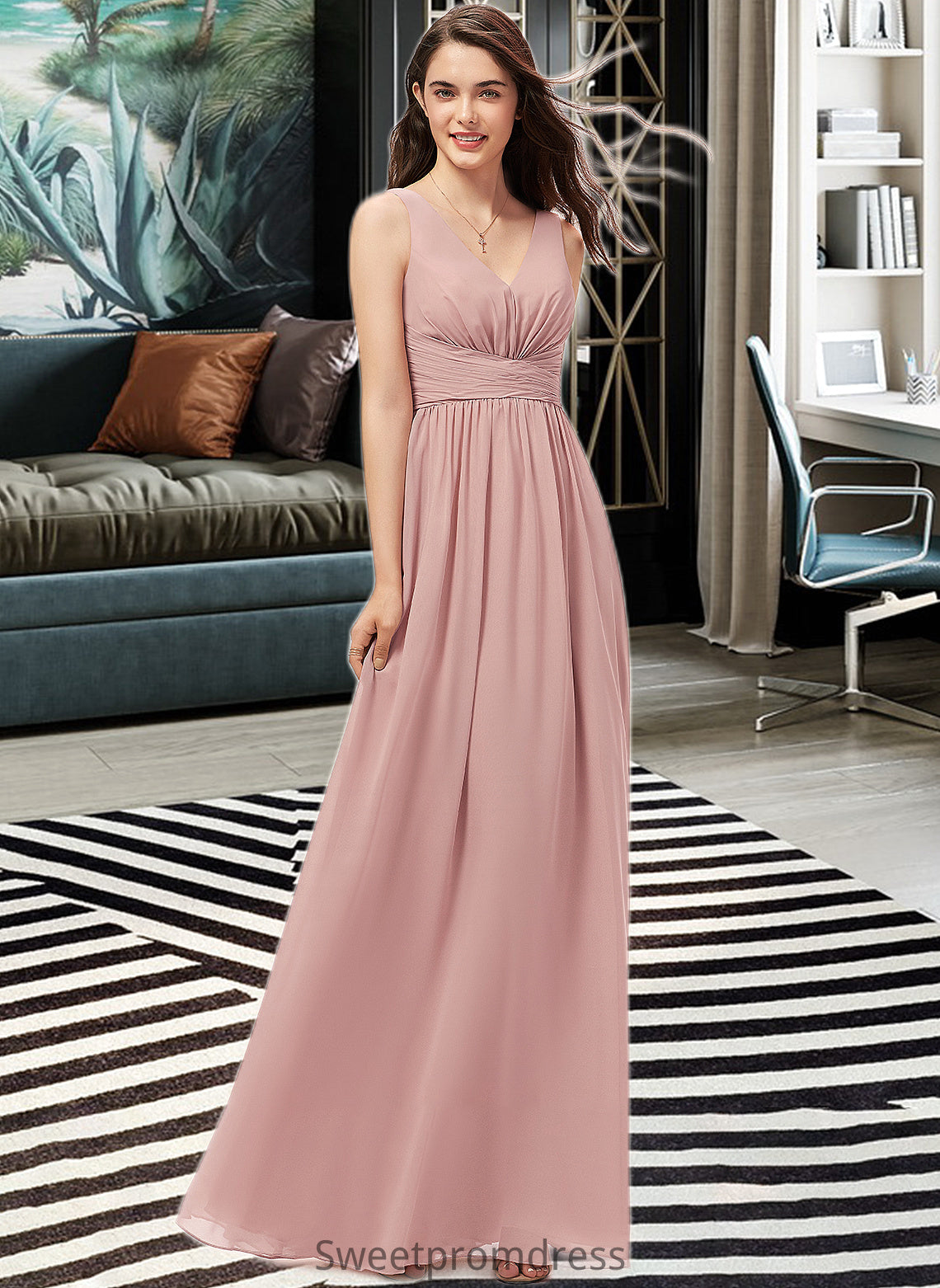 Alula A-Line V-neck Floor-Length Chiffon Bridesmaid Dress With Ruffle DHP0013266