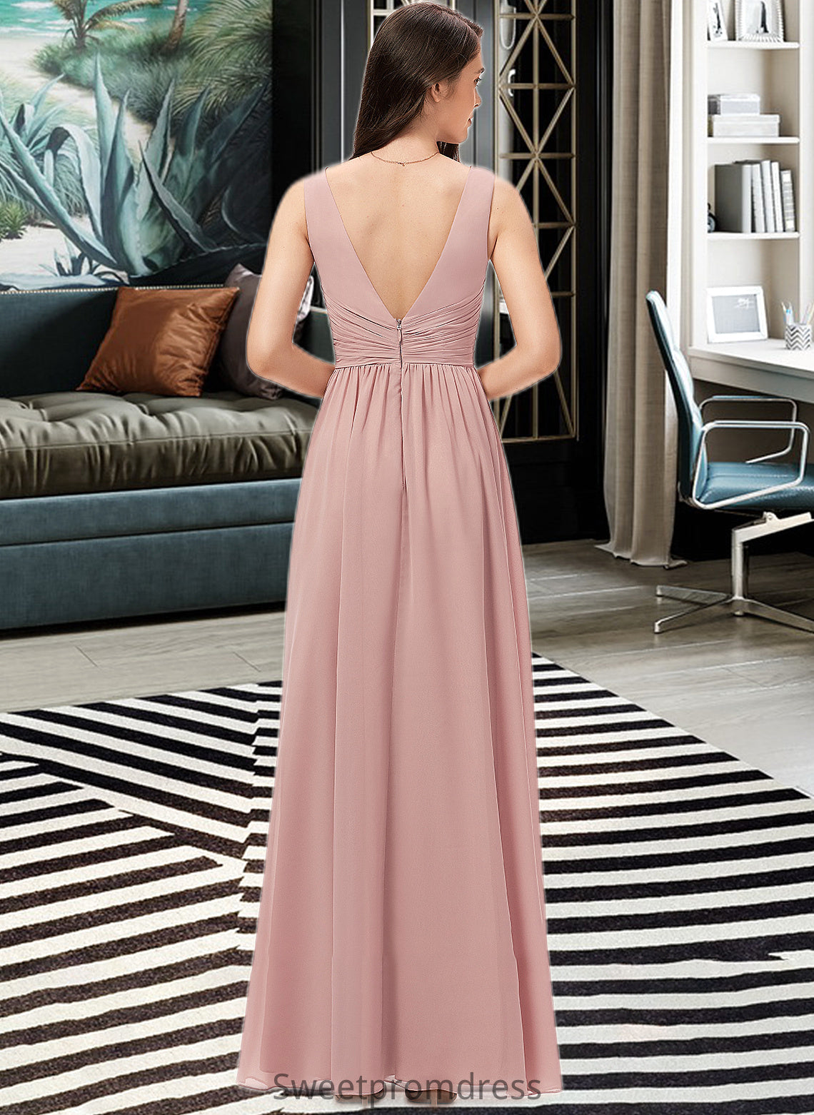 Alula A-Line V-neck Floor-Length Chiffon Bridesmaid Dress With Ruffle DHP0013266