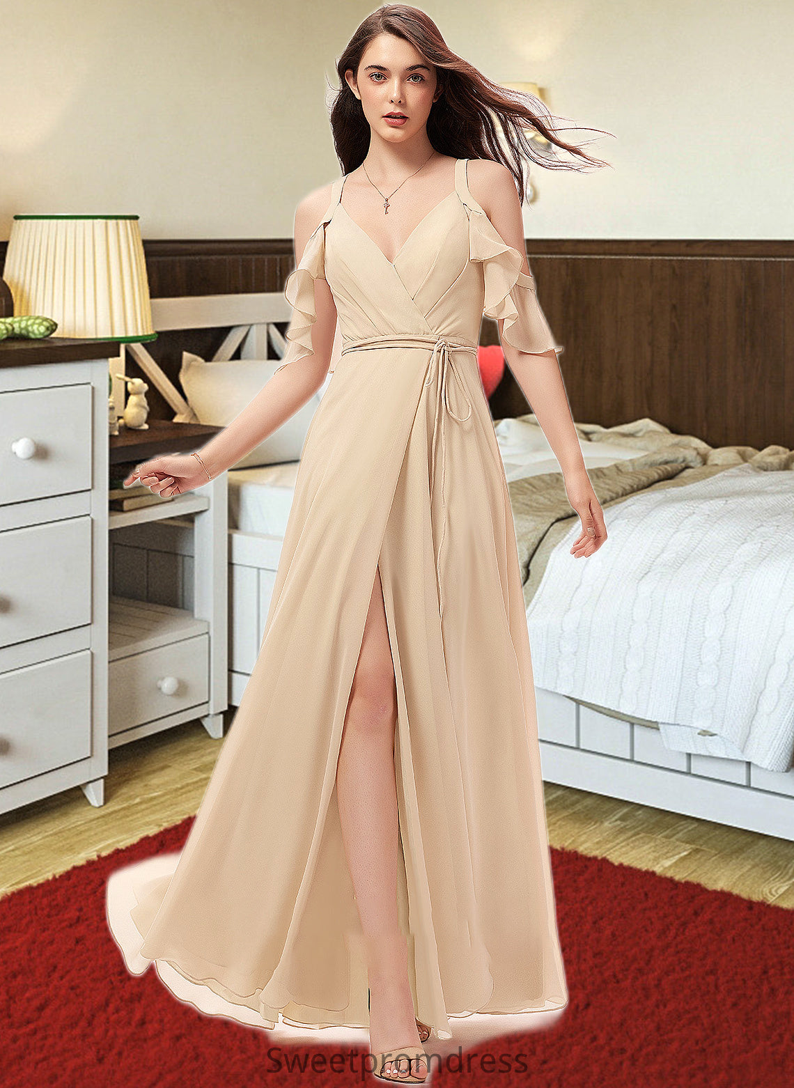 Carlie A-Line V-neck Floor-Length Chiffon Bridesmaid Dress With Ruffle Split Front DHP0013267