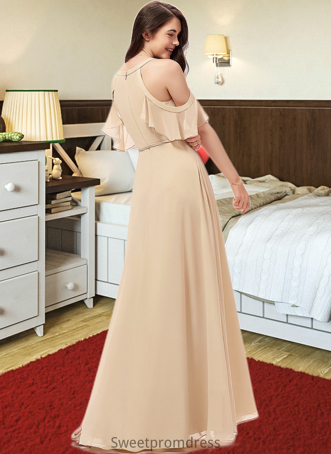 Carlie A-Line V-neck Floor-Length Chiffon Bridesmaid Dress With Ruffle Split Front DHP0013267