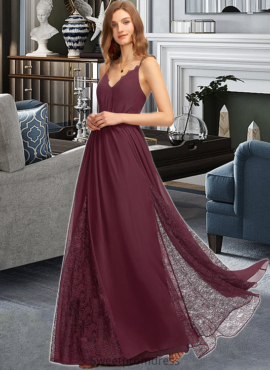 Elva A-Line V-neck Floor-Length Chiffon Lace Bridesmaid Dress DHP0013268