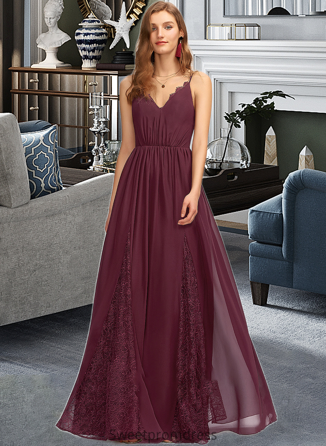 Elva A-Line V-neck Floor-Length Chiffon Lace Bridesmaid Dress DHP0013268