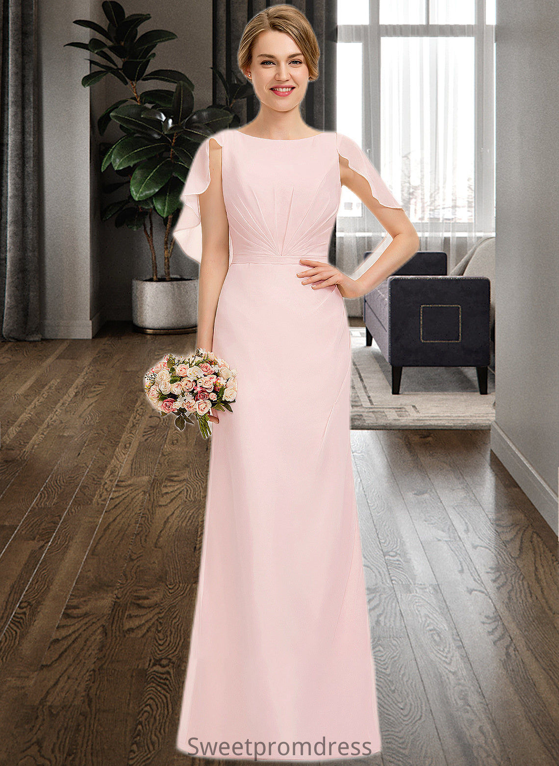 Quinn A-Line Scoop Neck Floor-Length Chiffon Bridesmaid Dress With Cascading Ruffles DHP0013269