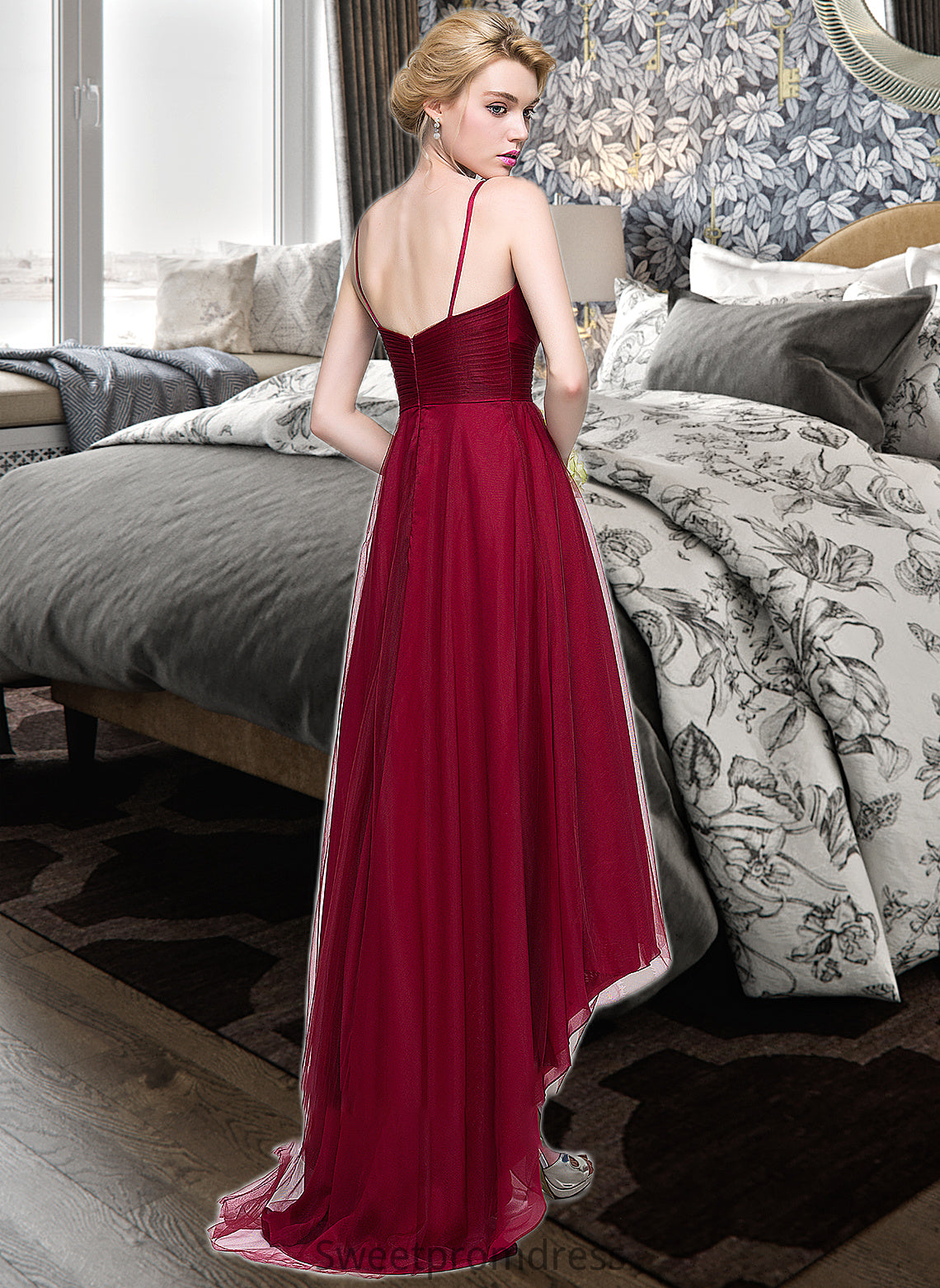 Maggie A-Line V-neck Asymmetrical Tulle Bridesmaid Dress DHP0013270