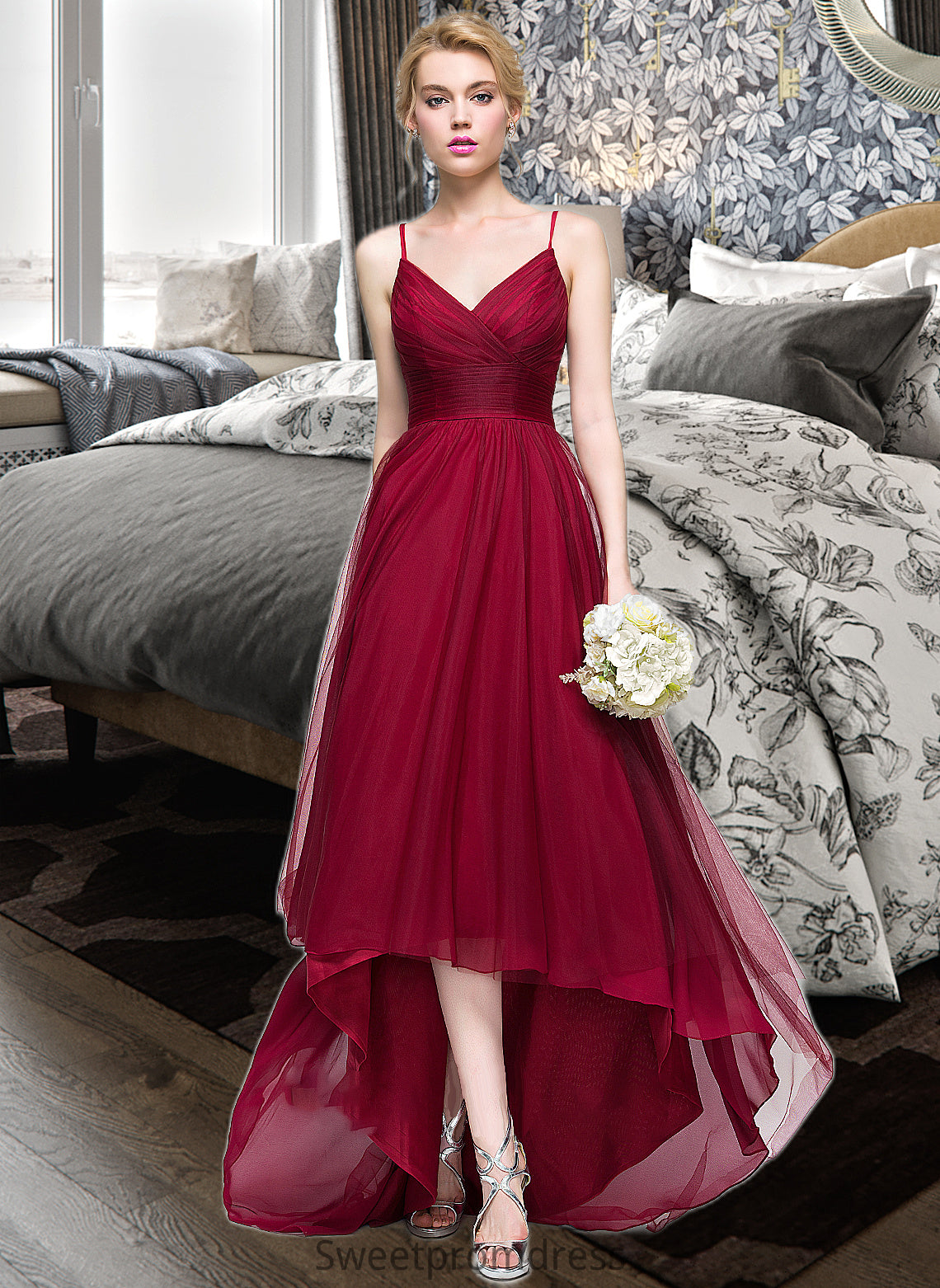 Maggie A-Line V-neck Asymmetrical Tulle Bridesmaid Dress DHP0013270