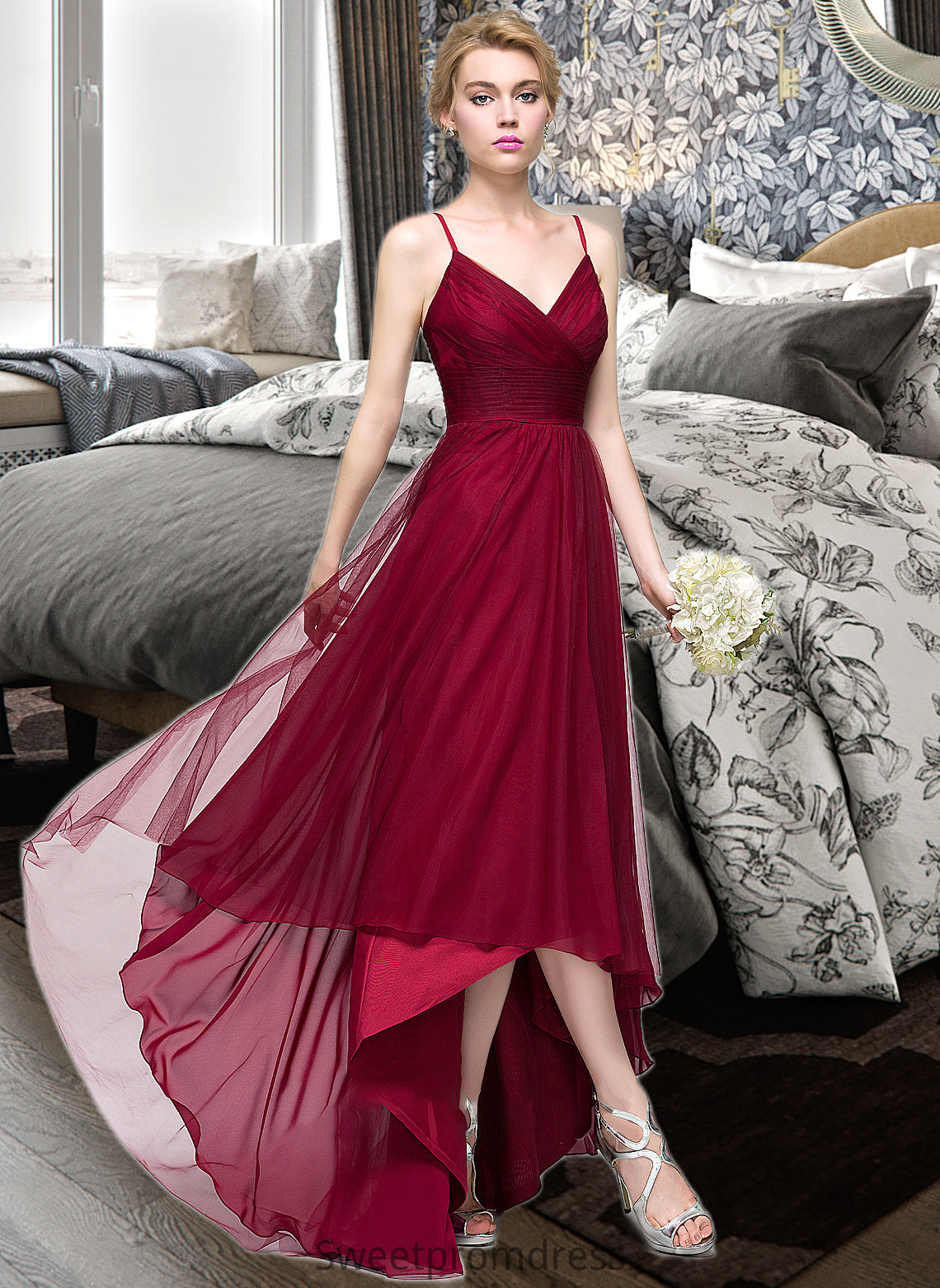 Maggie A-Line V-neck Asymmetrical Tulle Bridesmaid Dress DHP0013270