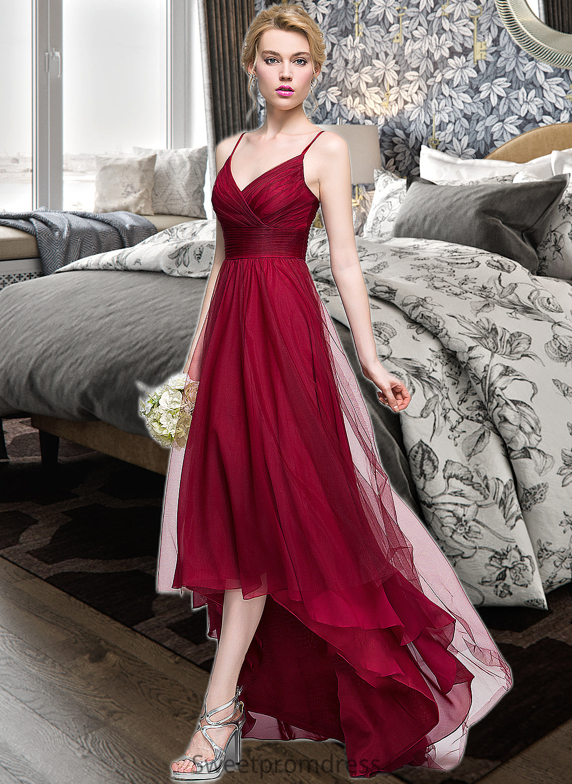 Maggie A-Line V-neck Asymmetrical Tulle Bridesmaid Dress DHP0013270