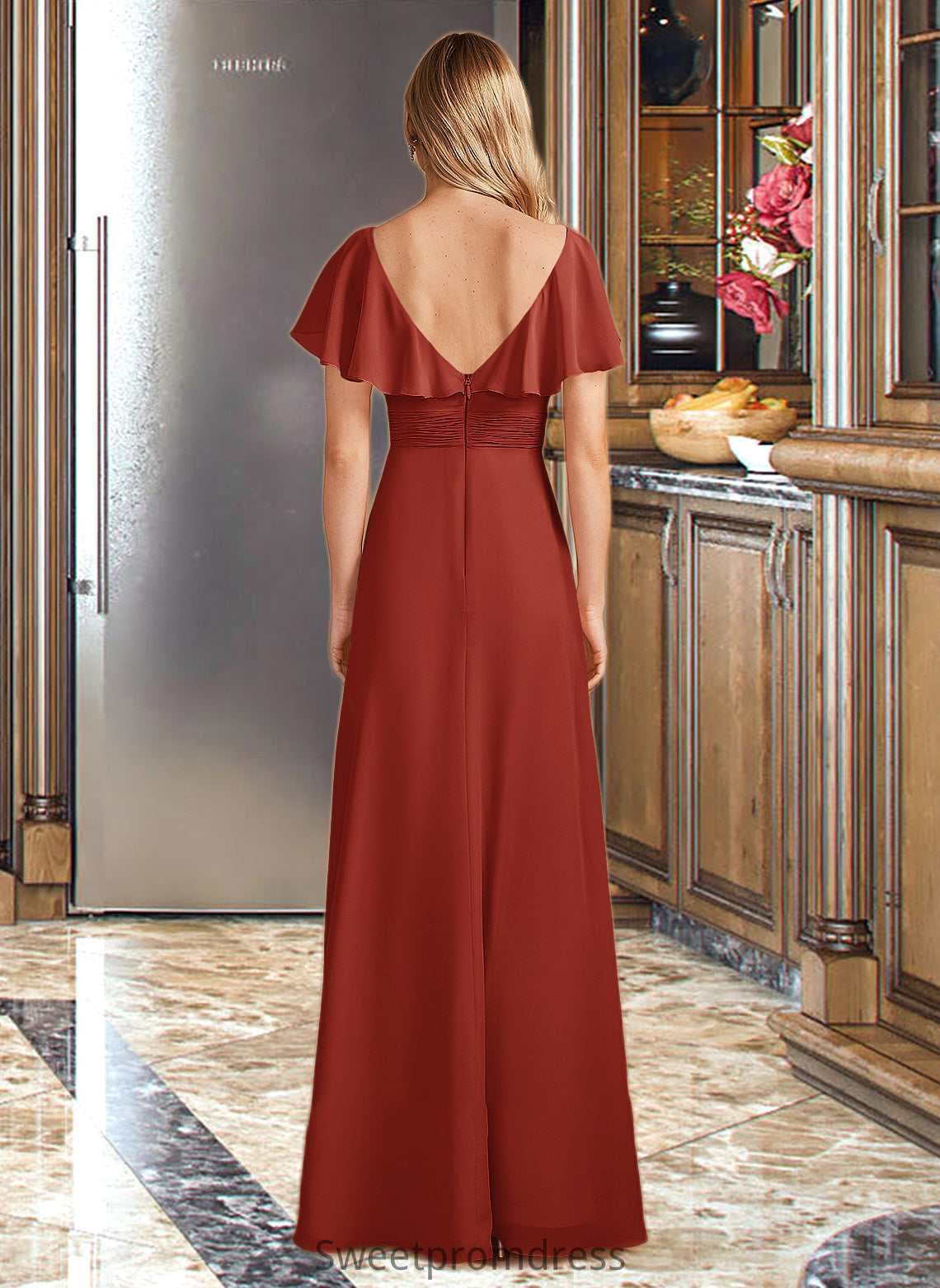 Christine A-Line High Neck Floor-Length Bridesmaid Dress With Ruffle Split Front DHP0013271