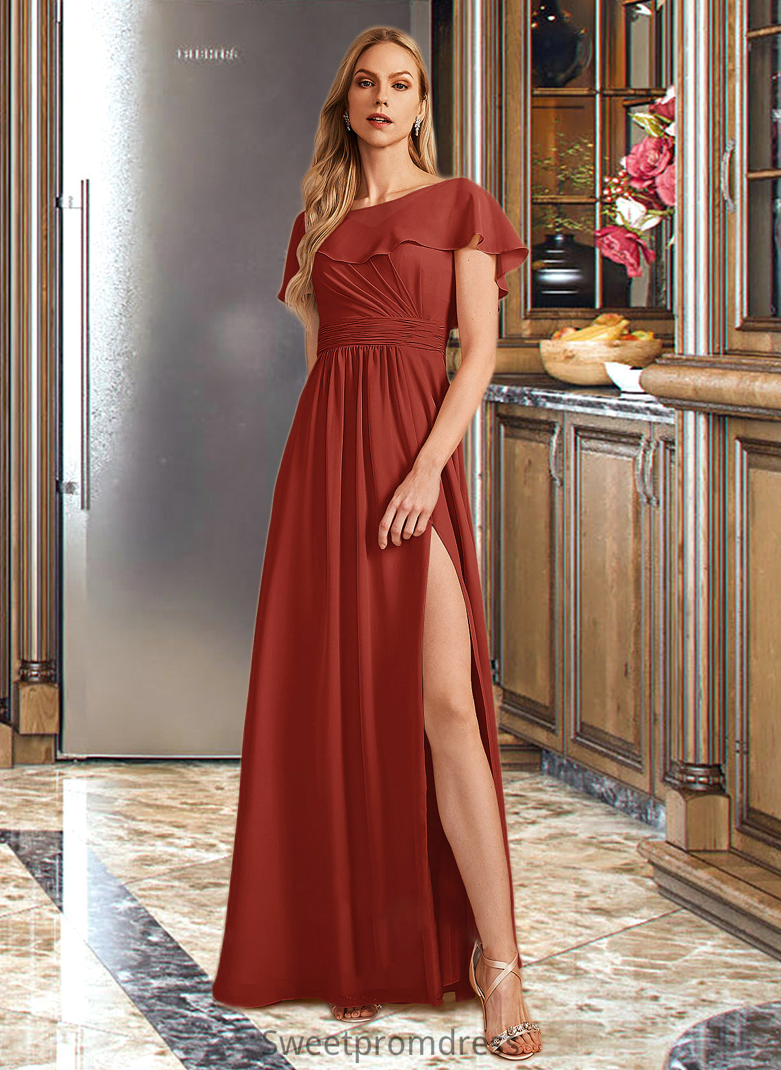 Christine A-Line High Neck Floor-Length Bridesmaid Dress With Ruffle Split Front DHP0013271