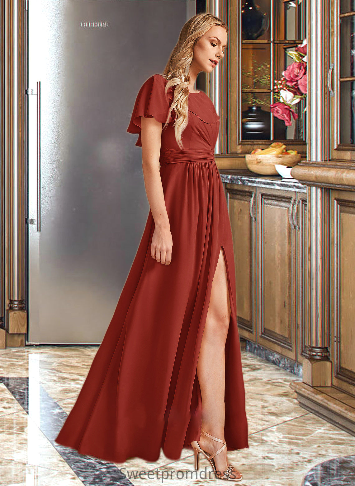 Christine A-Line High Neck Floor-Length Bridesmaid Dress With Ruffle Split Front DHP0013271