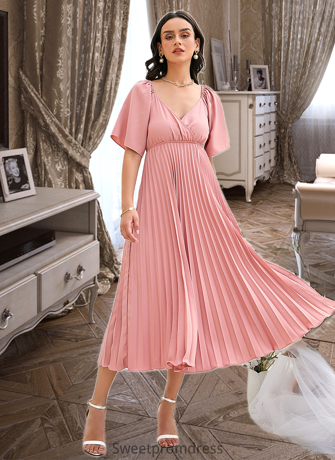 Monica A-LineV-neckTea-LengthBridesmaidDressWithPleated#273656 DHP0013273