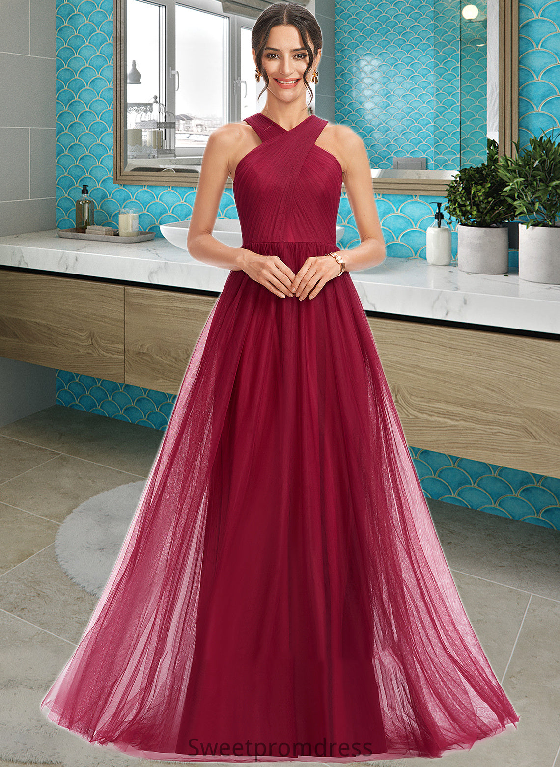 Prudence A-Line Halter Floor-Length Bridesmaid Dress With Ruffle DHP0013274