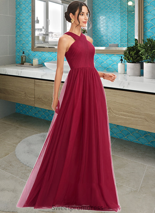 Prudence A-Line Halter Floor-Length Bridesmaid Dress With Ruffle DHP0013274