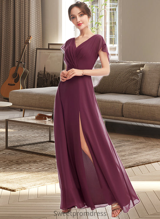 Esme A-Line V-neck Floor-Length Bridesmaid Dress With Ruffle Split Front DHP0013276