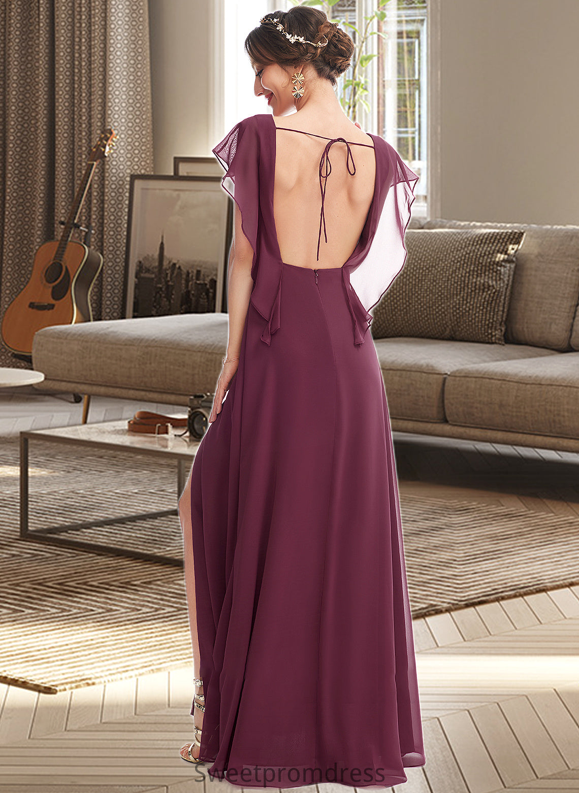 Esme A-Line V-neck Floor-Length Bridesmaid Dress With Ruffle Split Front DHP0013276