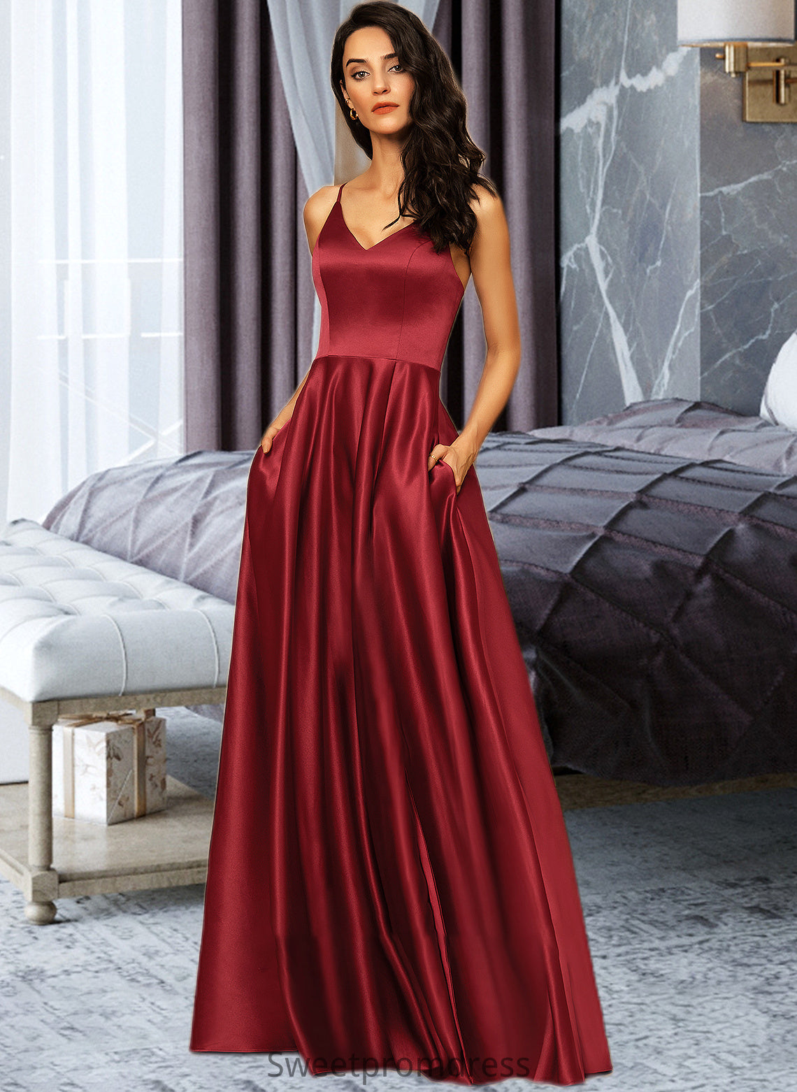 Jaida A-Line V-neck Floor-Length Satin Bridesmaid Dress With Pockets DHP0013279