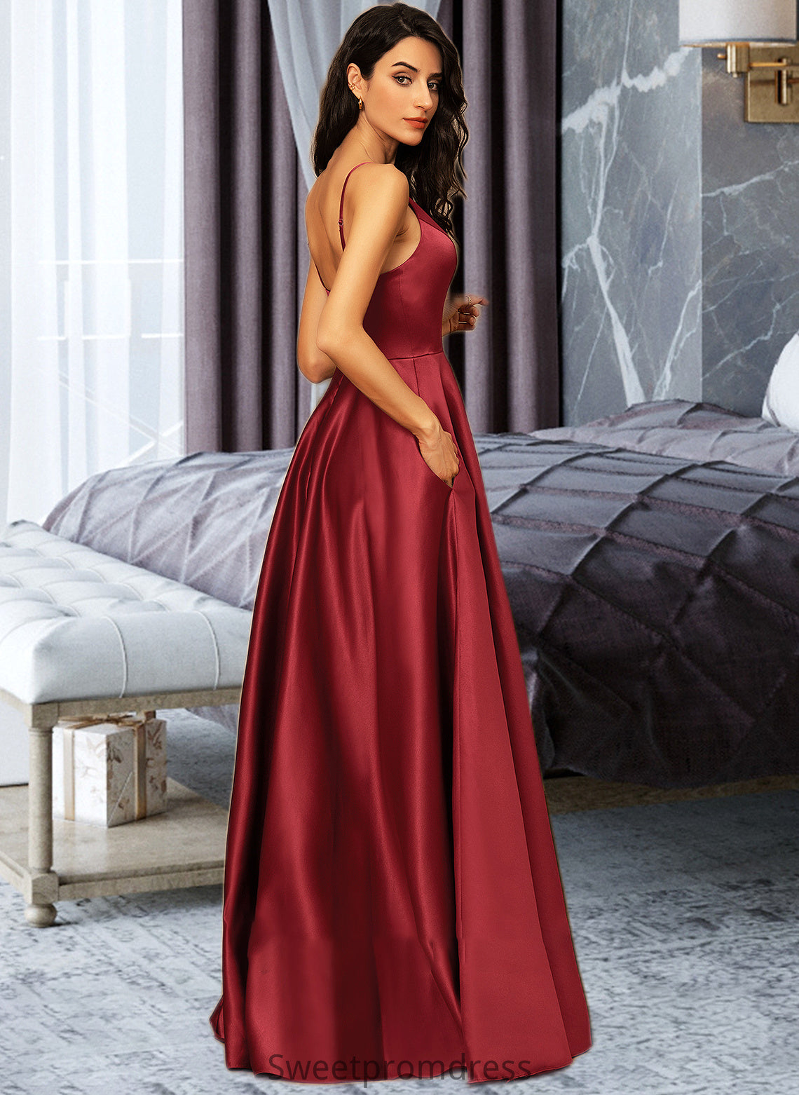 Jaida A-Line V-neck Floor-Length Satin Bridesmaid Dress With Pockets DHP0013279