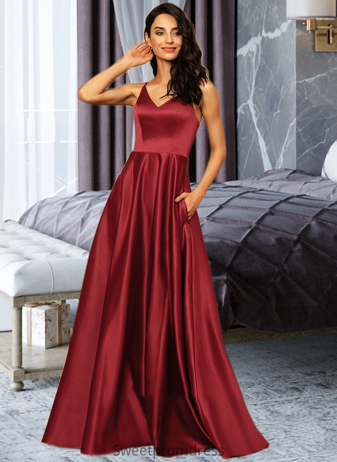 Jaida A-Line V-neck Floor-Length Satin Bridesmaid Dress With Pockets DHP0013279