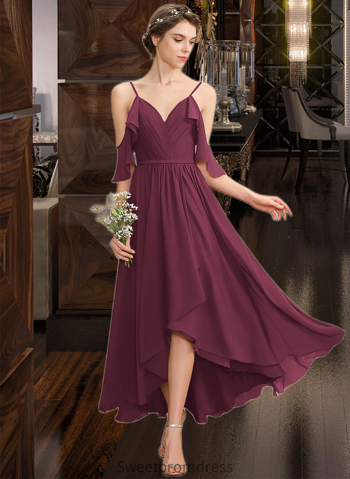 Alma A-Line V-neck Asymmetrical Chiffon Bridesmaid Dress With Cascading Ruffles DHP0013280