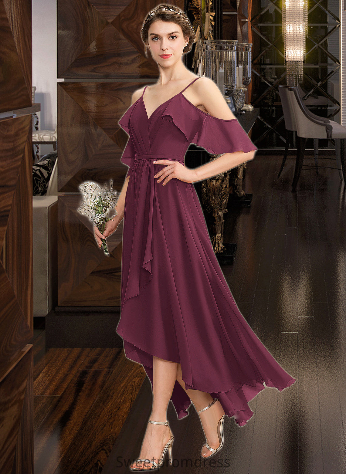 Alma A-Line V-neck Asymmetrical Chiffon Bridesmaid Dress With Cascading Ruffles DHP0013280