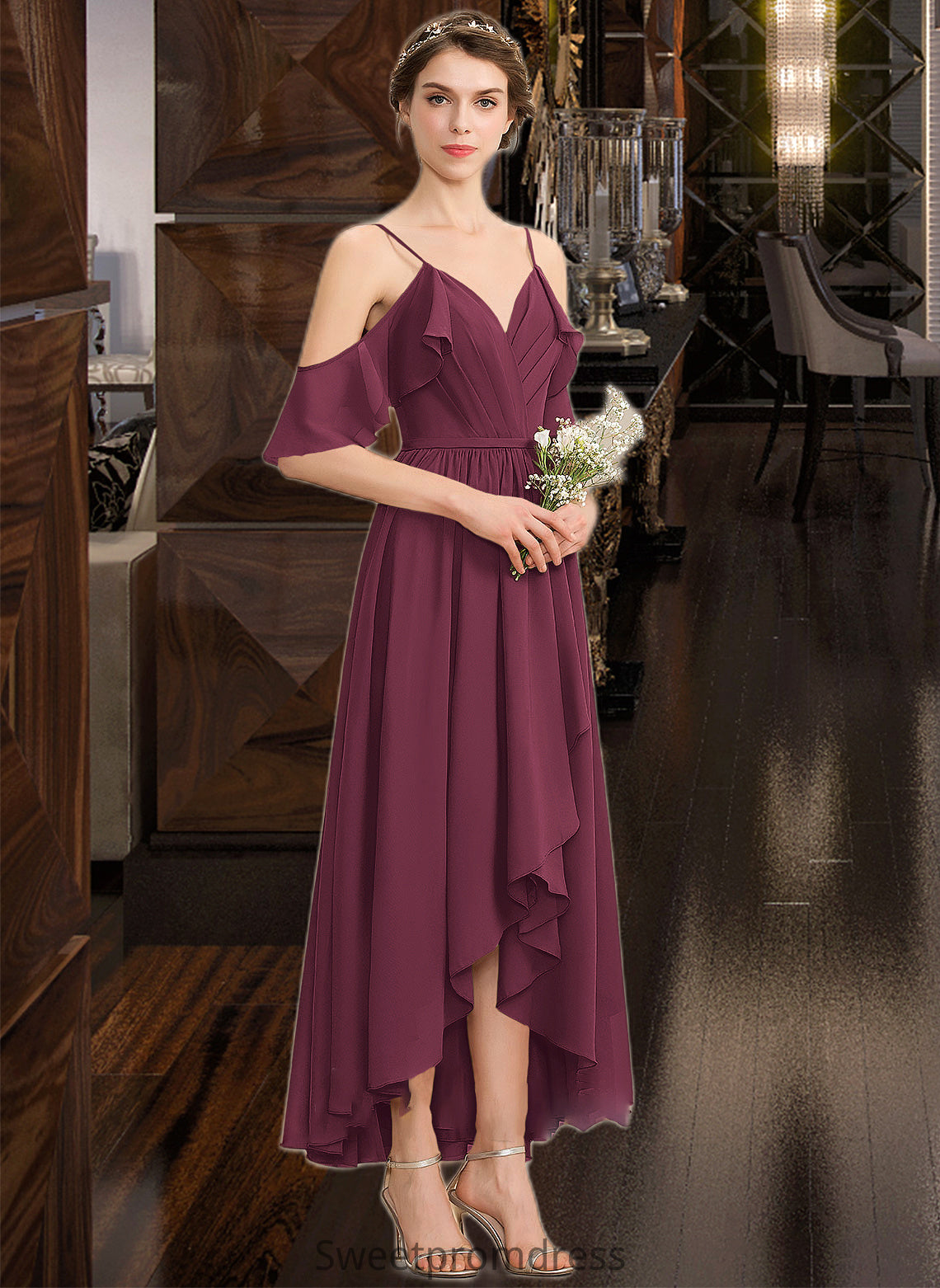 Alma A-Line V-neck Asymmetrical Chiffon Bridesmaid Dress With Cascading Ruffles DHP0013280