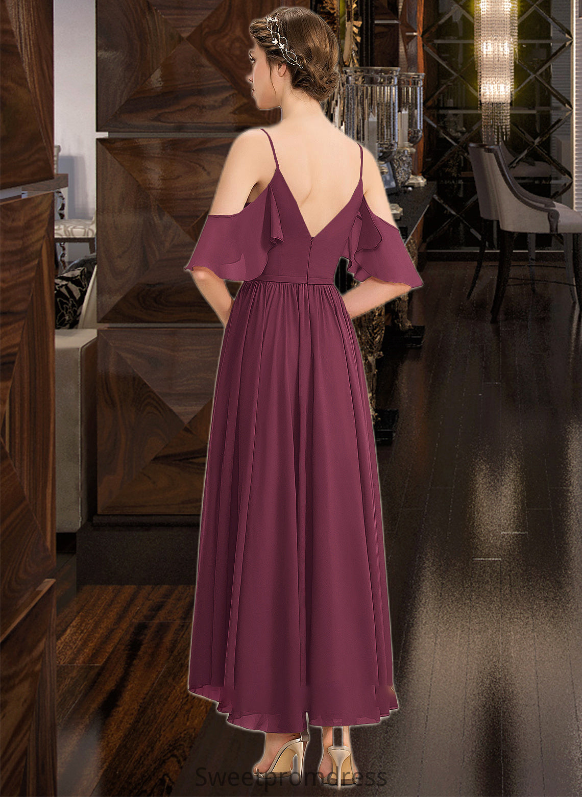 Alma A-Line V-neck Asymmetrical Chiffon Bridesmaid Dress With Cascading Ruffles DHP0013280