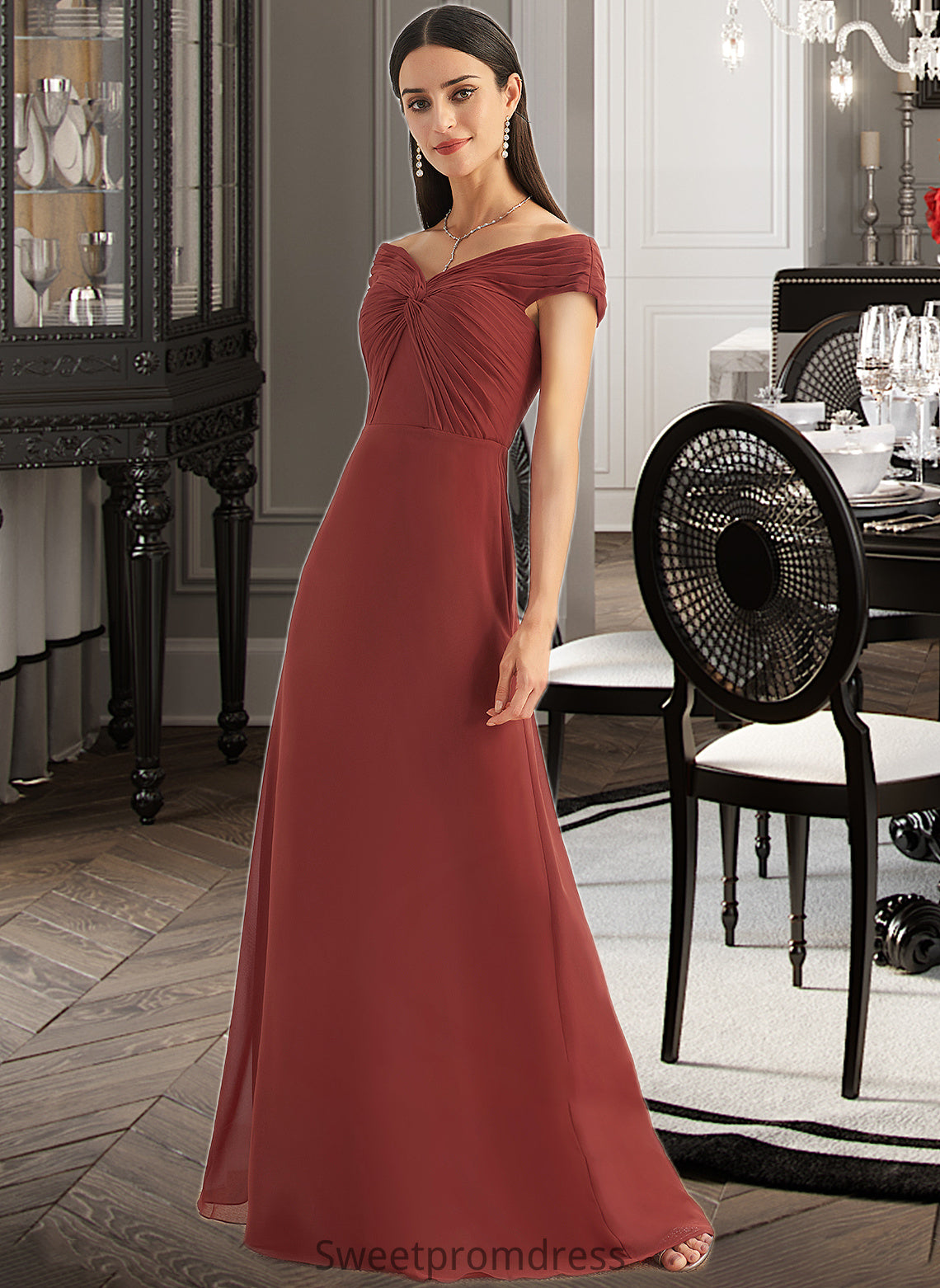 Irene Sheath/Column Off-the-Shoulder Floor-Length Bridesmaid Dress With Ruffle DHP0013284