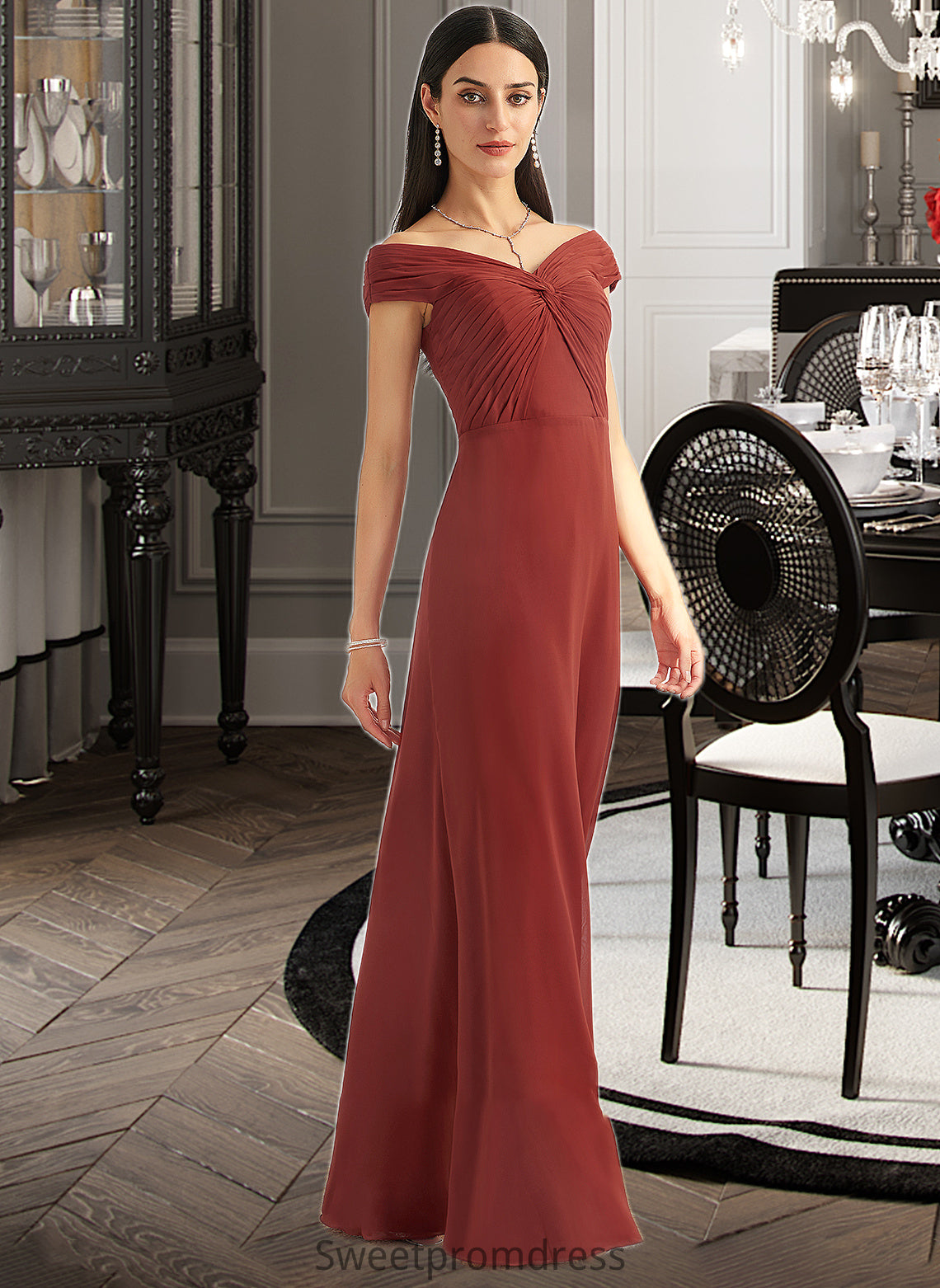 Irene Sheath/Column Off-the-Shoulder Floor-Length Bridesmaid Dress With Ruffle DHP0013284