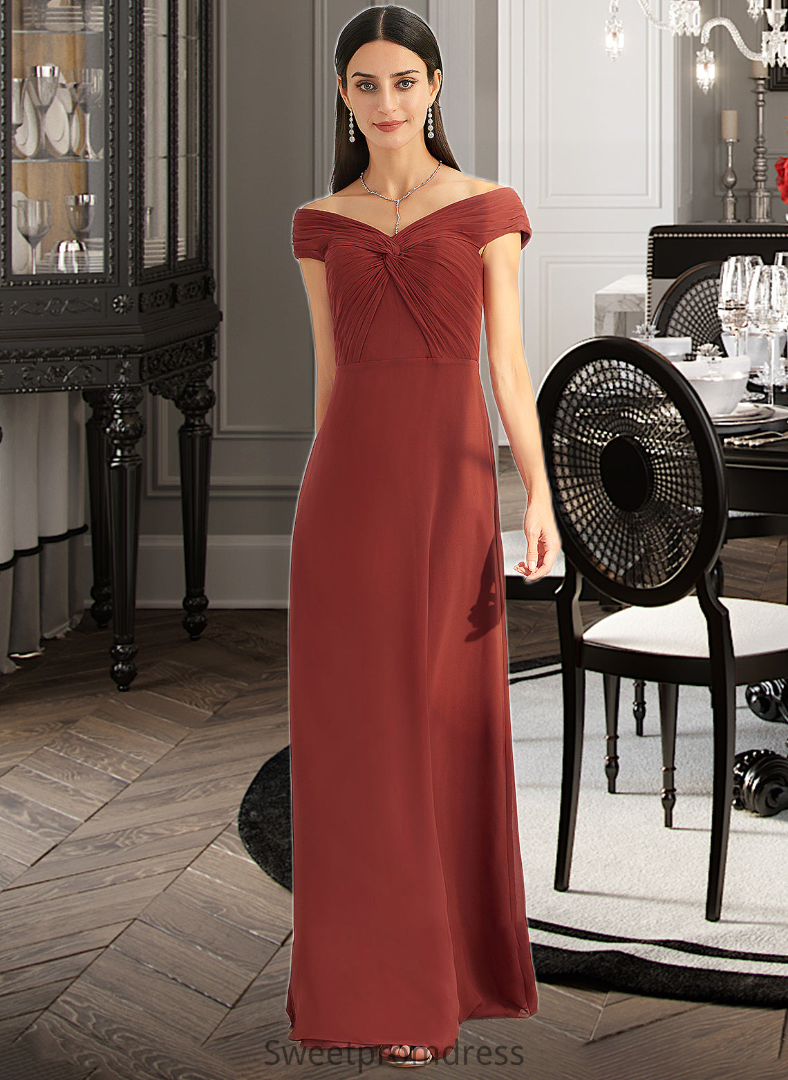 Irene Sheath/Column Off-the-Shoulder Floor-Length Bridesmaid Dress With Ruffle DHP0013284