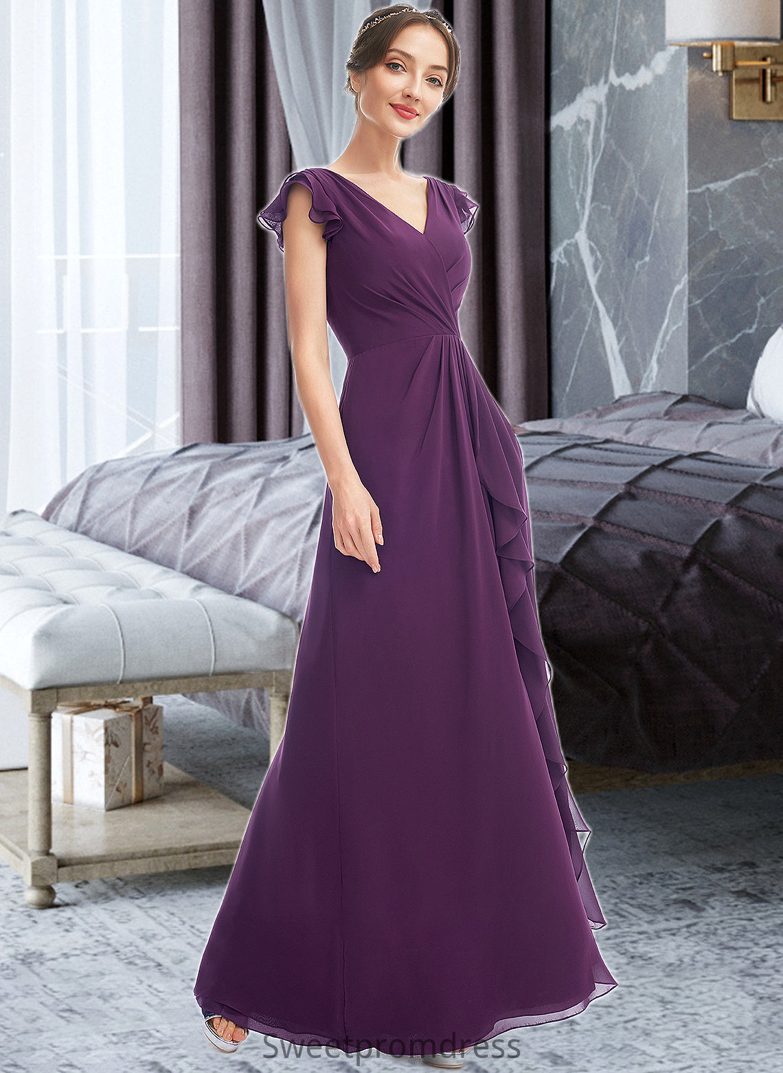 Terri A-Line V-neck Floor-Length Bridesmaid Dress With Ruffle Pockets DHP0013285