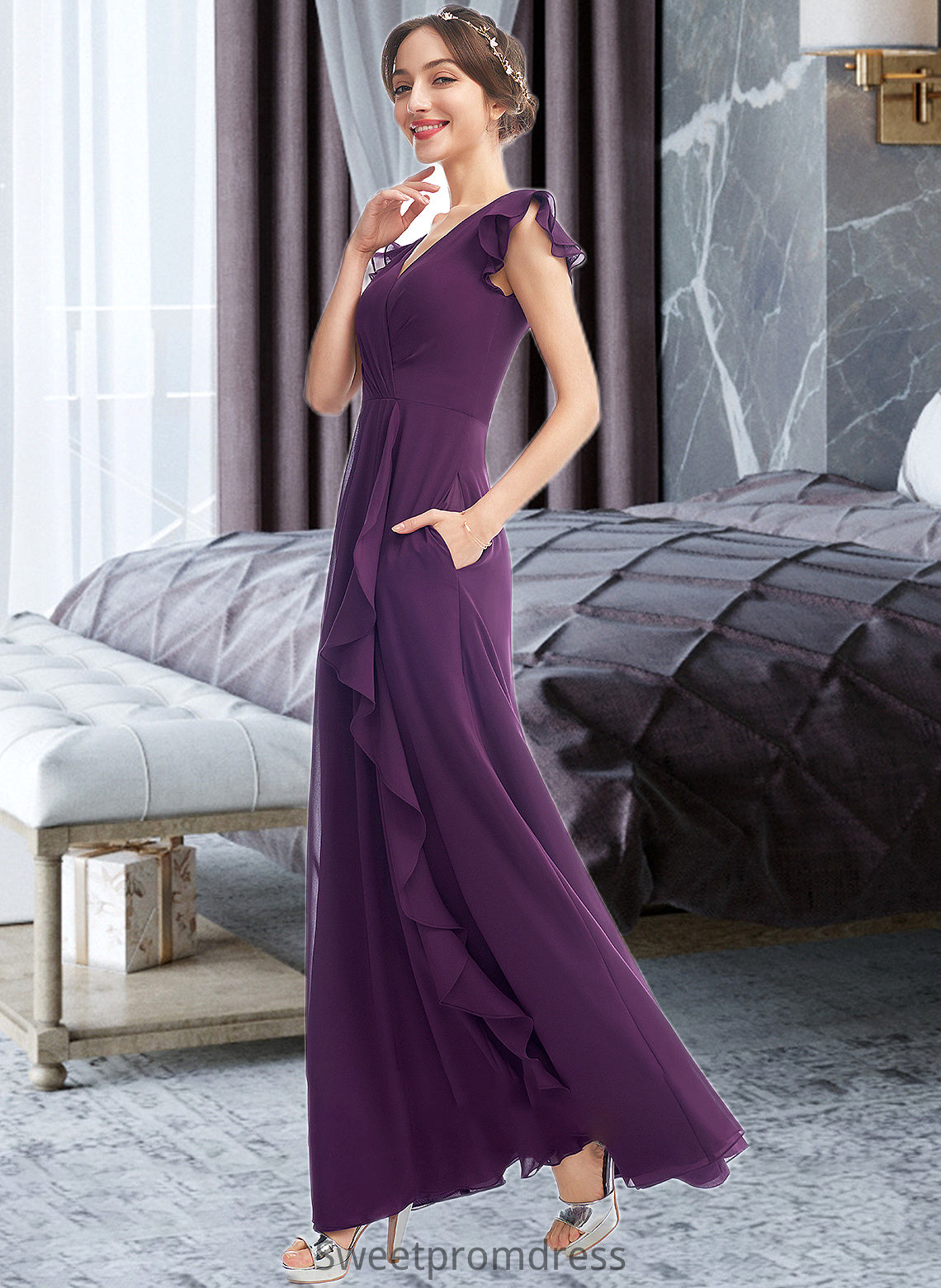 Terri A-Line V-neck Floor-Length Bridesmaid Dress With Ruffle Pockets DHP0013285