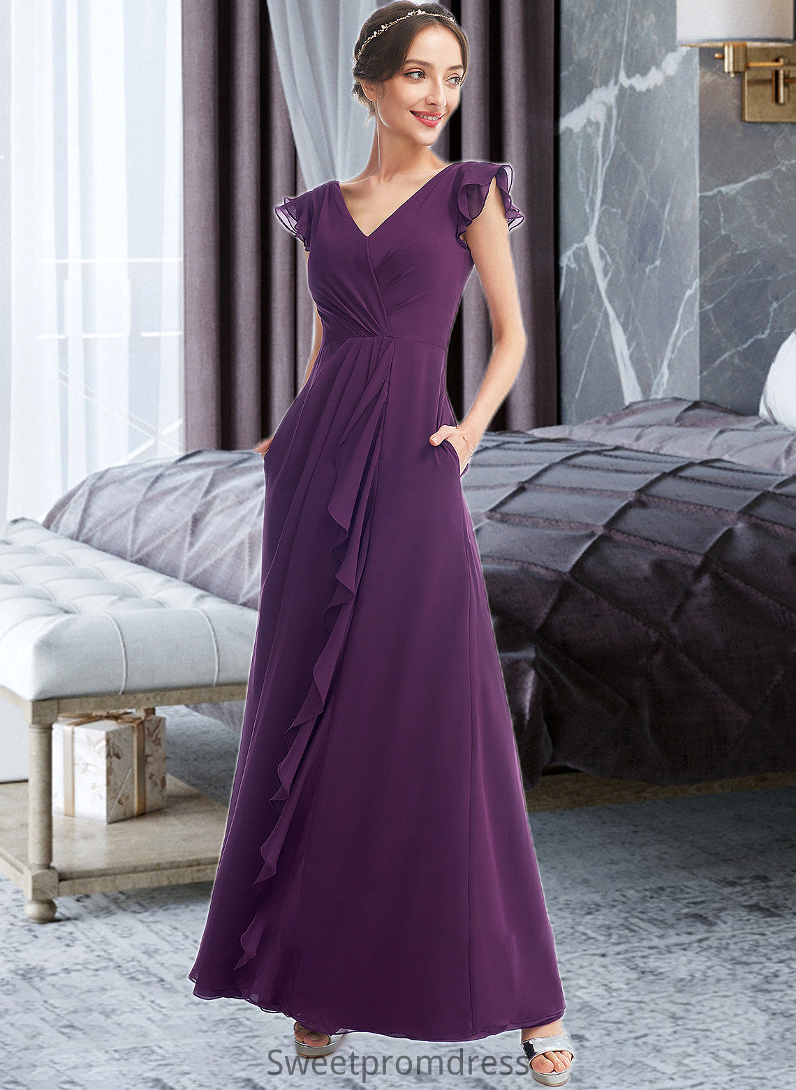 Terri A-Line V-neck Floor-Length Bridesmaid Dress With Ruffle Pockets DHP0013285