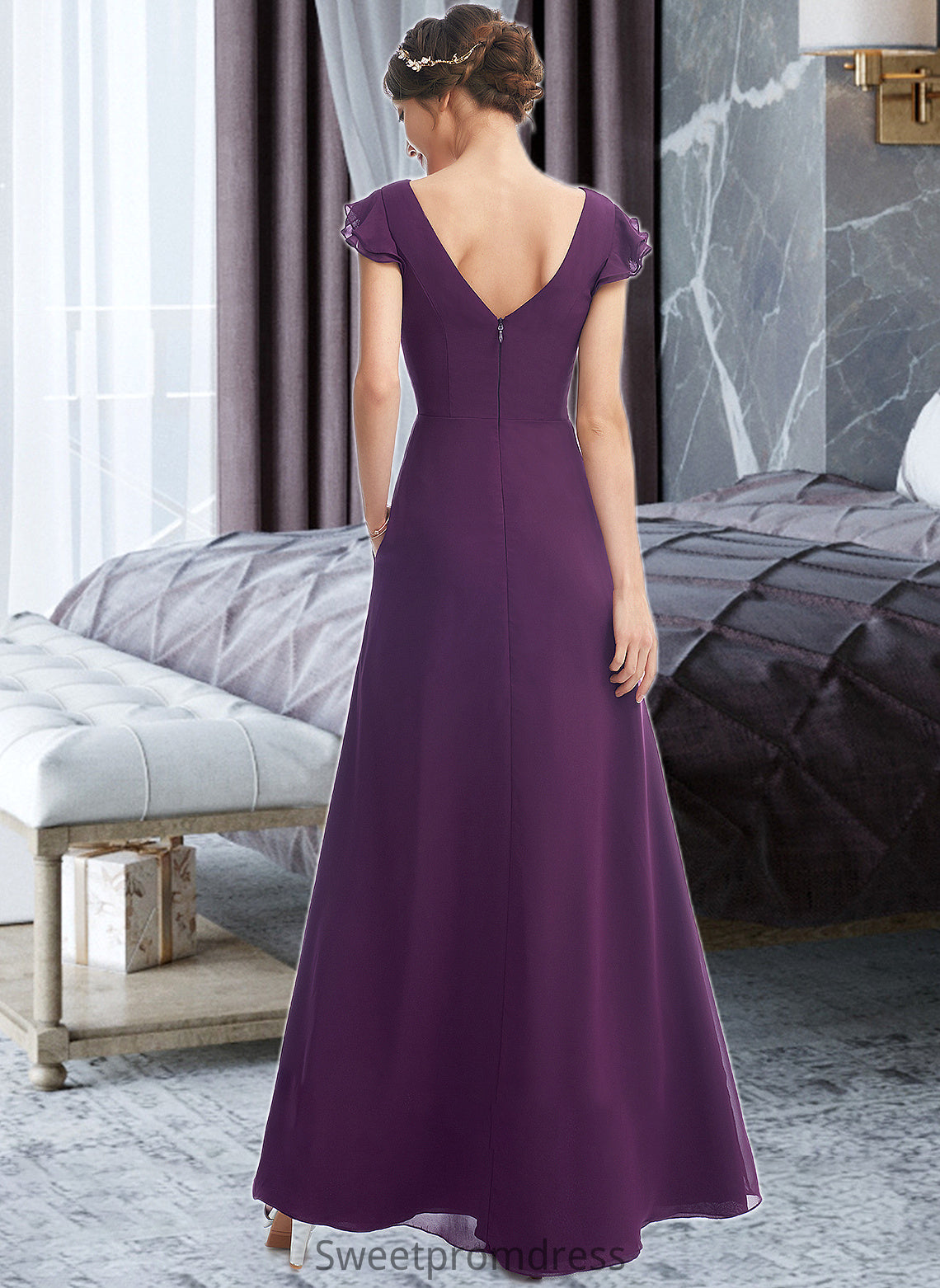 Terri A-Line V-neck Floor-Length Bridesmaid Dress With Ruffle Pockets DHP0013285