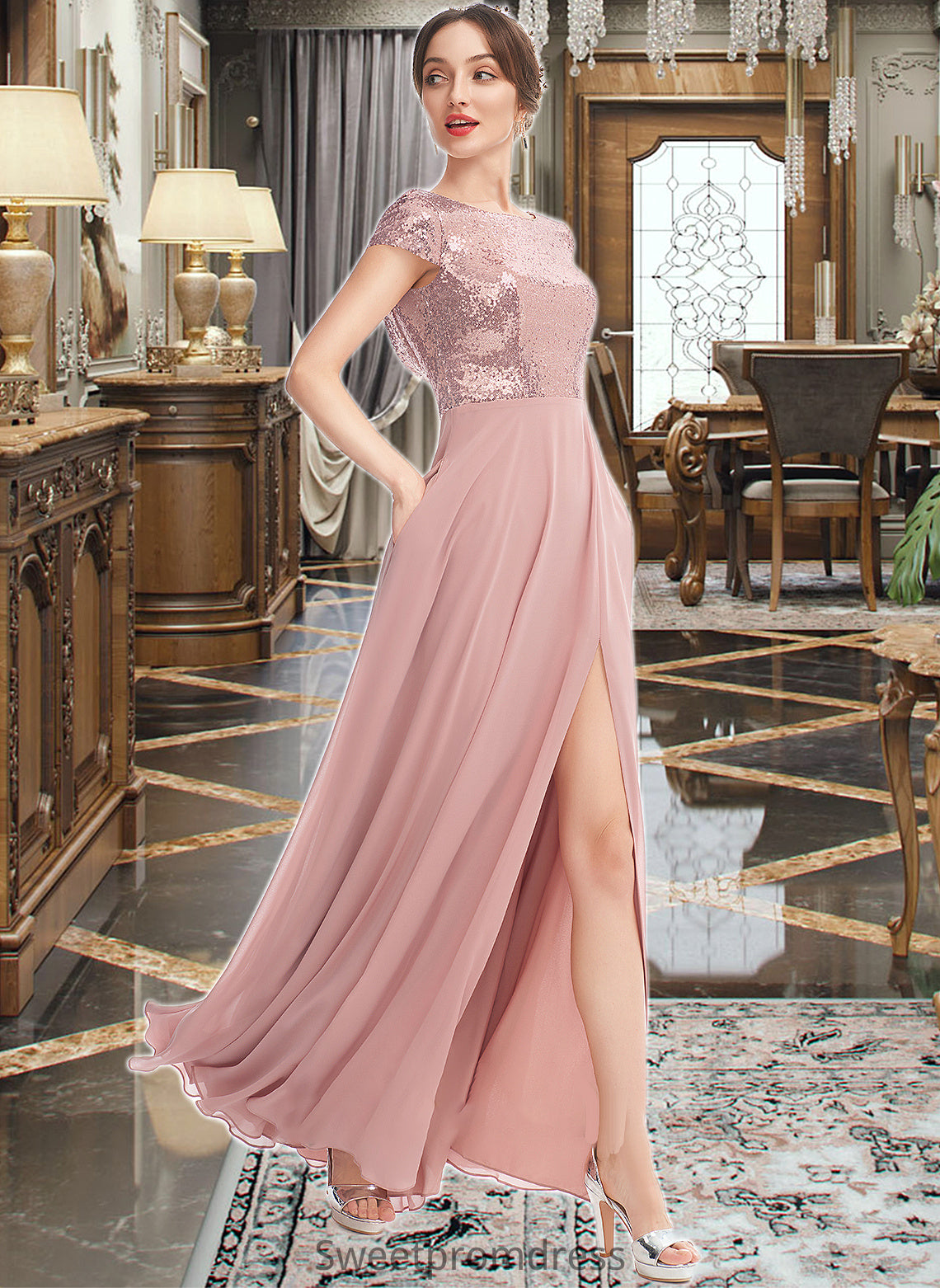 Skylar A-Line Scoop Neck Floor-Length Bridesmaid Dress With Sequins Split Front DHP0013286