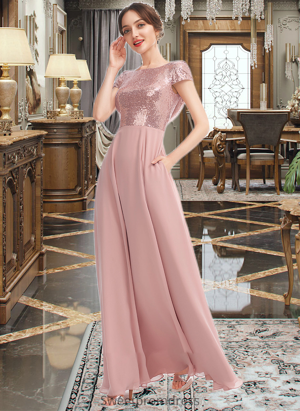 Skylar A-Line Scoop Neck Floor-Length Bridesmaid Dress With Sequins Split Front DHP0013286