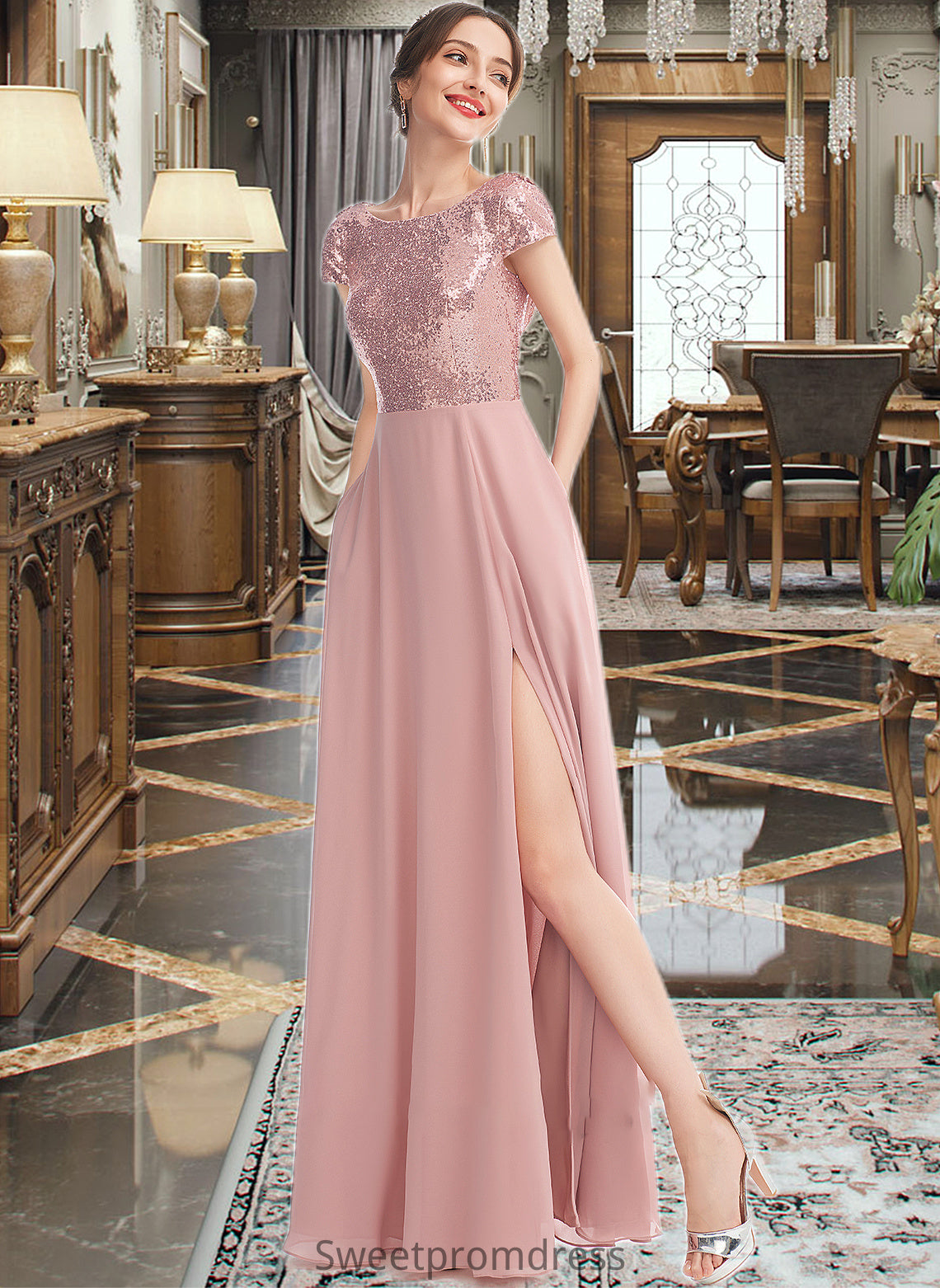 Skylar A-Line Scoop Neck Floor-Length Bridesmaid Dress With Sequins Split Front DHP0013286