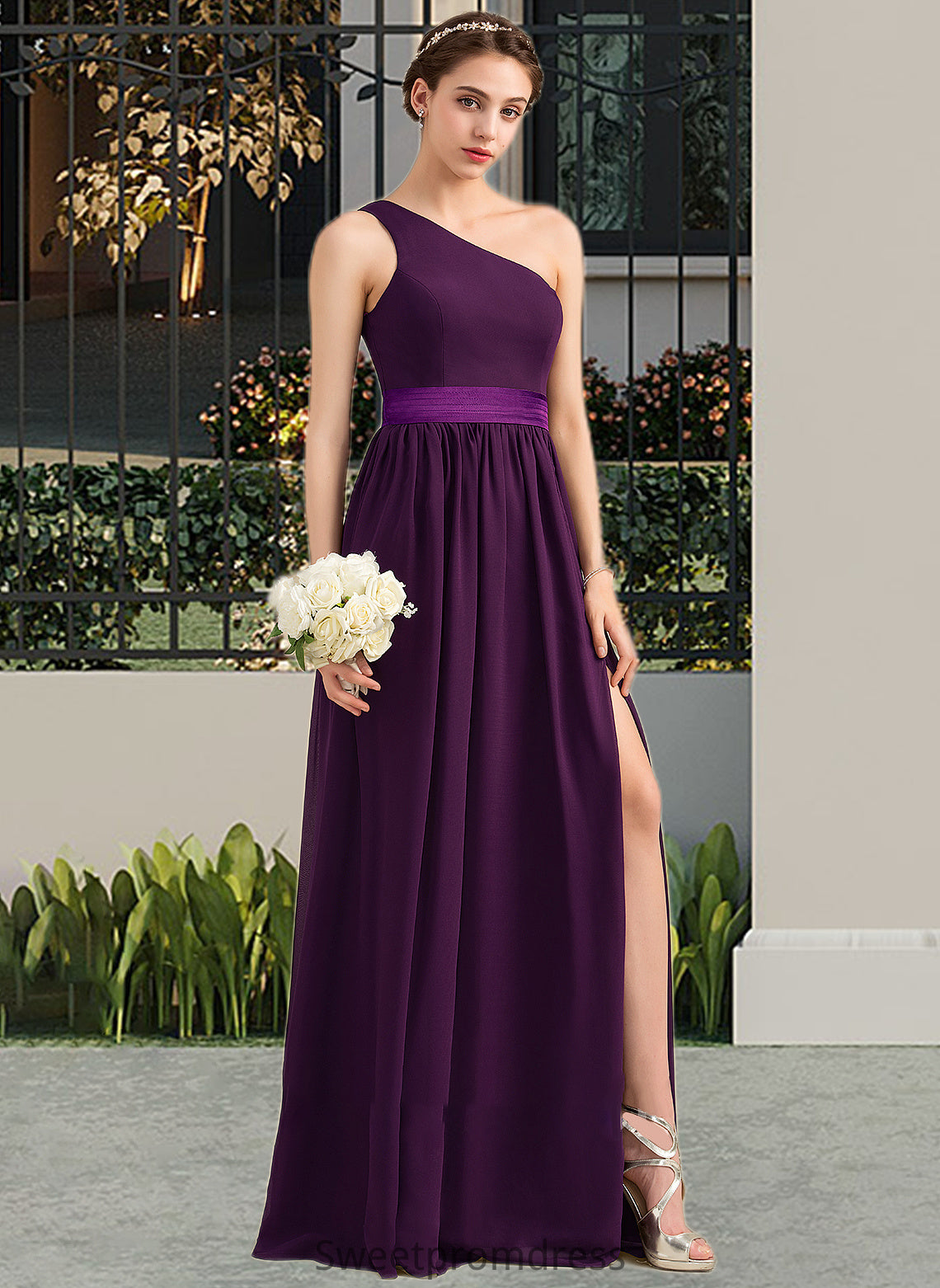 Esther A-Line/Princess One-Shoulder Floor-Length Chiffon Charmeuse Bridesmaid Dress With Ruffle Split Front DHP0013288