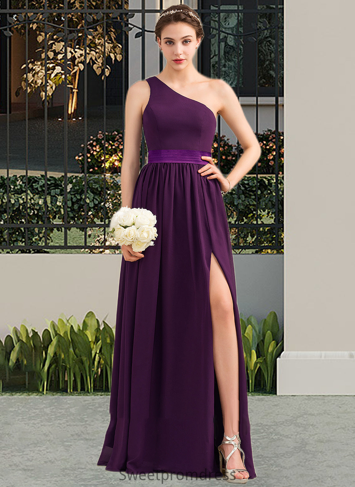 Esther A-Line/Princess One-Shoulder Floor-Length Chiffon Charmeuse Bridesmaid Dress With Ruffle Split Front DHP0013288