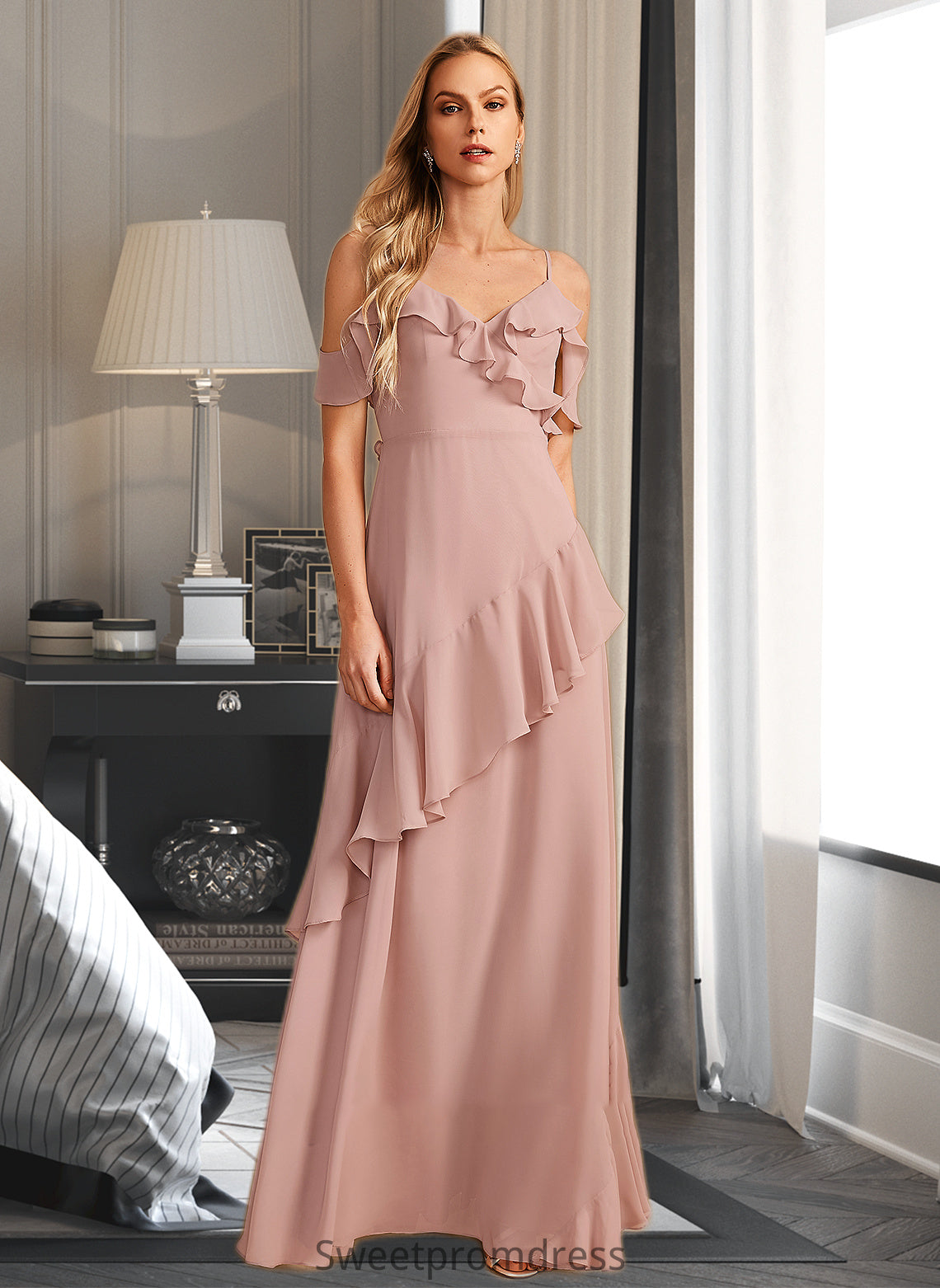 Mariela A-Line V-neck Floor-Length Bridesmaid Dress With Ruffle DHP0013289