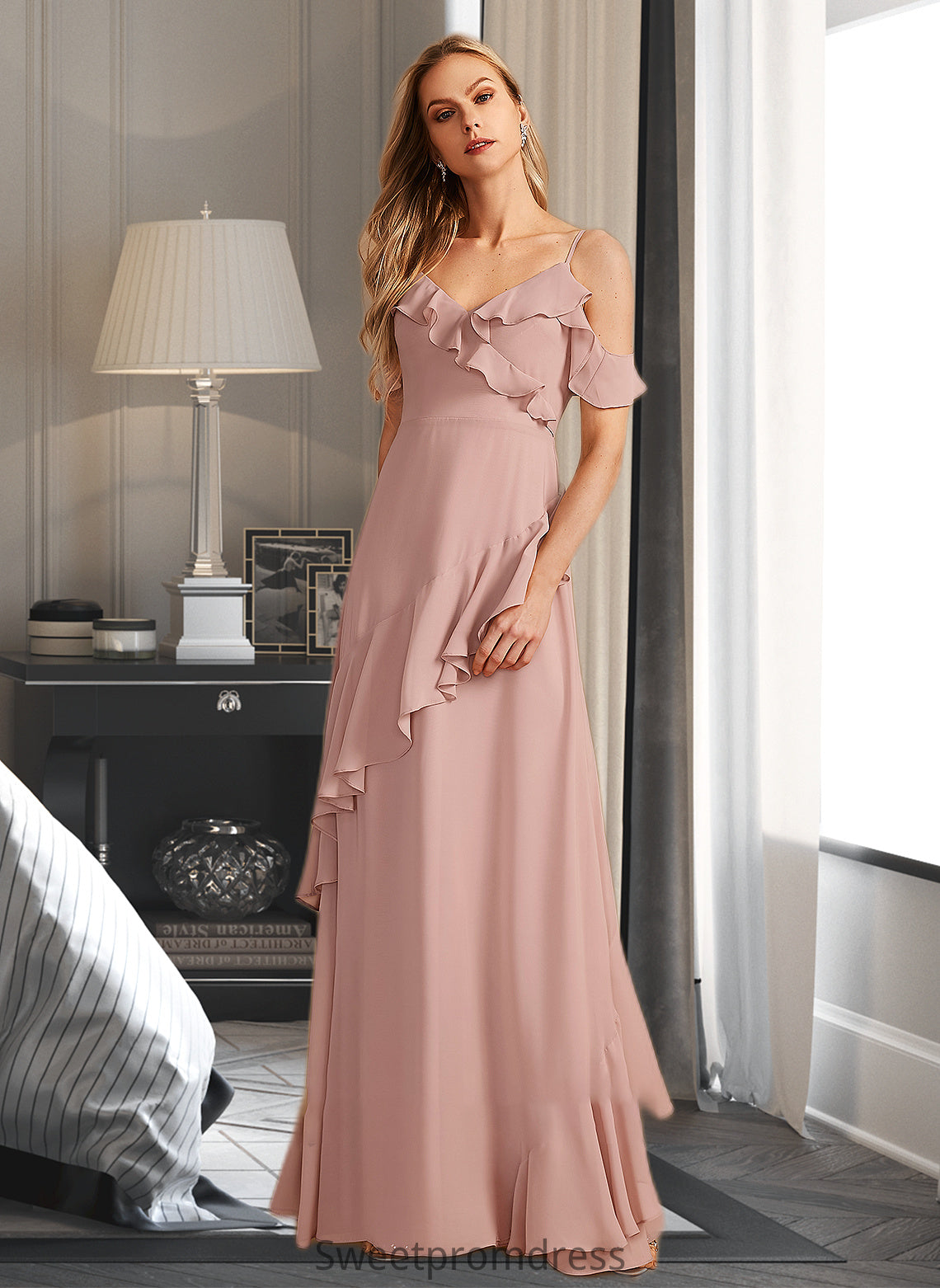 Mariela A-Line V-neck Floor-Length Bridesmaid Dress With Ruffle DHP0013289