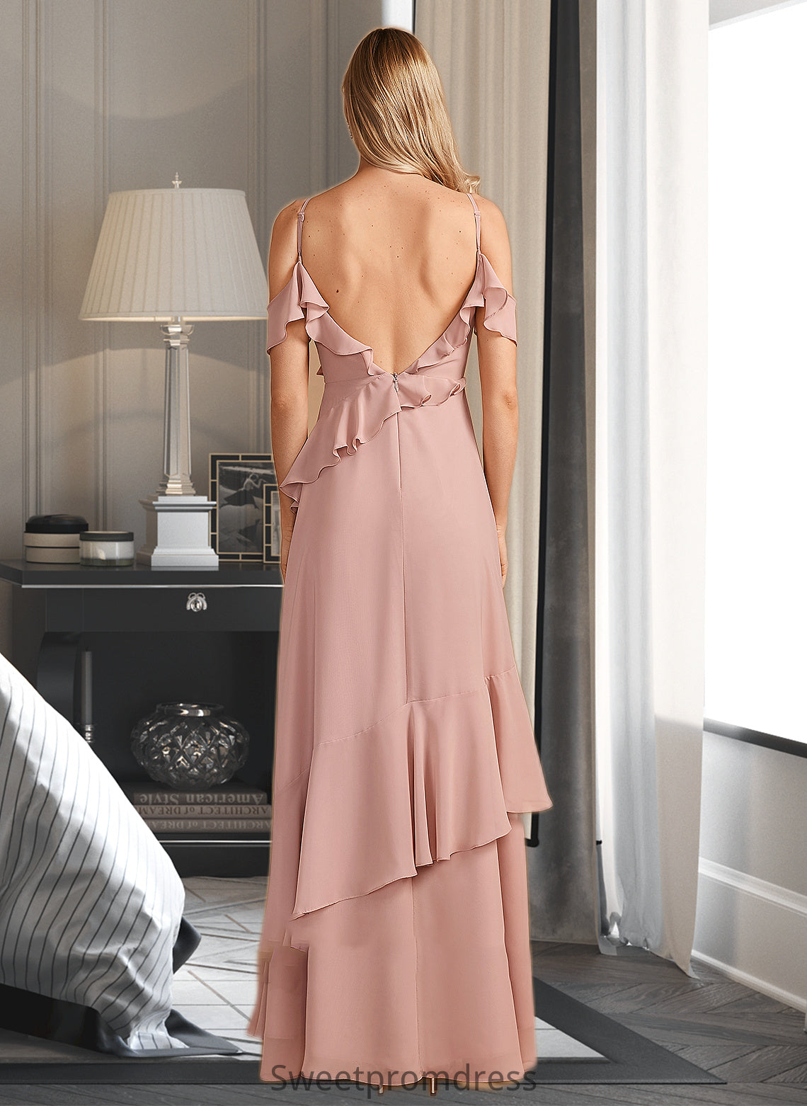 Mariela A-Line V-neck Floor-Length Bridesmaid Dress With Ruffle DHP0013289