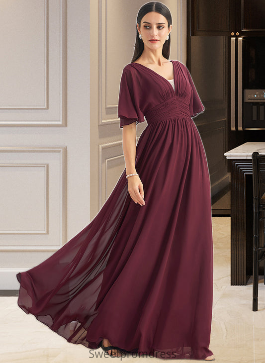 Elianna A-Line V-neck Floor-Length Bridesmaid Dress With Ruffle DHP0013292