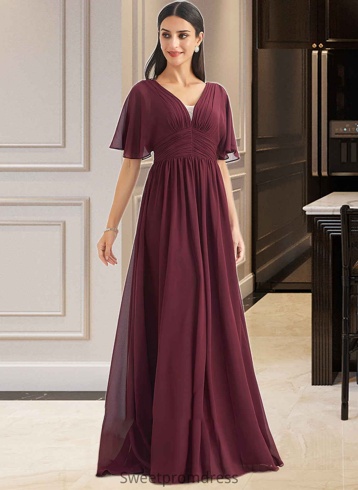 Elianna A-Line V-neck Floor-Length Bridesmaid Dress With Ruffle DHP0013292