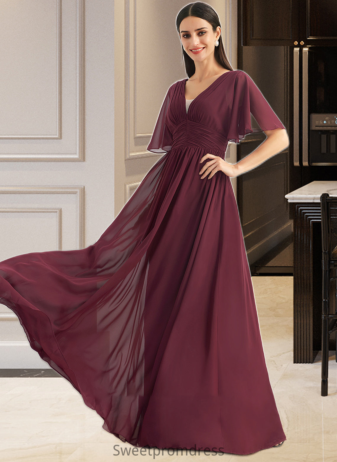 Elianna A-Line V-neck Floor-Length Bridesmaid Dress With Ruffle DHP0013292