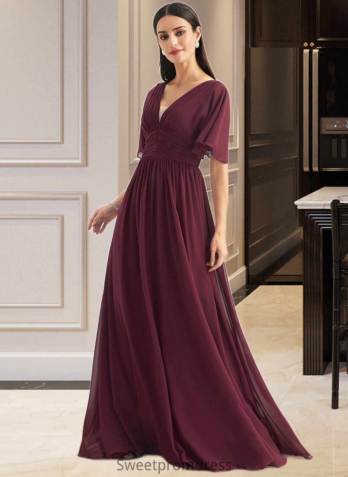 Elianna A-Line V-neck Floor-Length Bridesmaid Dress With Ruffle DHP0013292