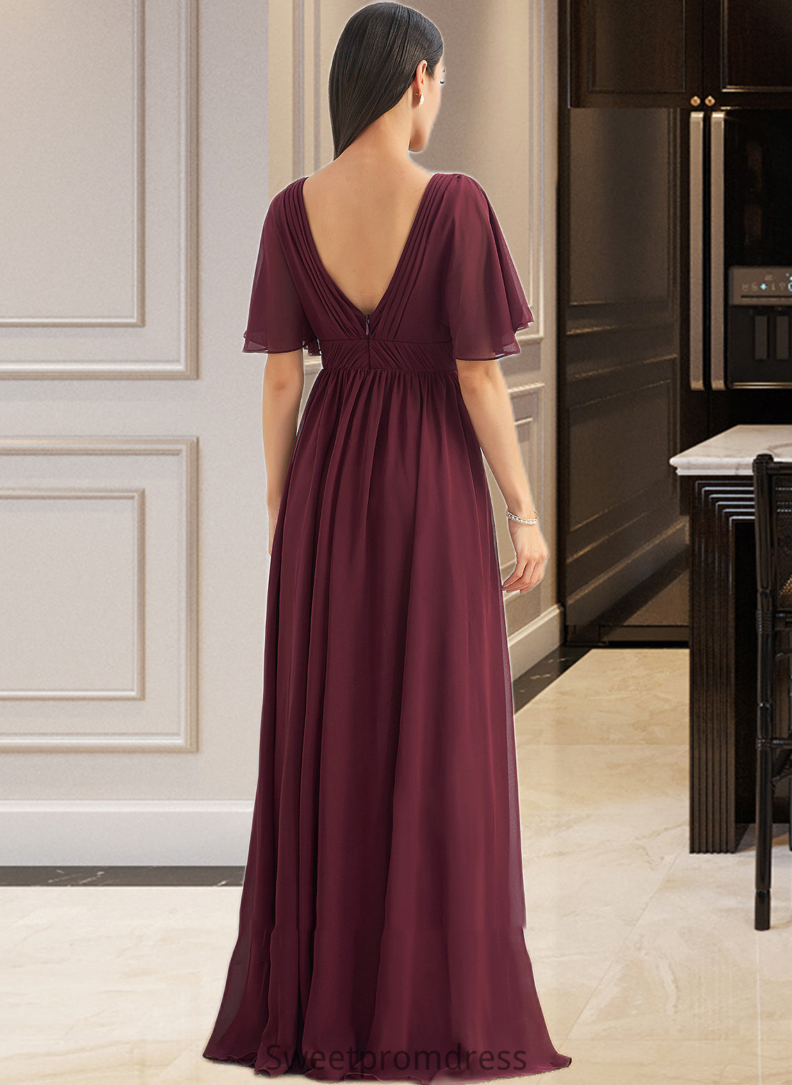 Elianna A-Line V-neck Floor-Length Bridesmaid Dress With Ruffle DHP0013292