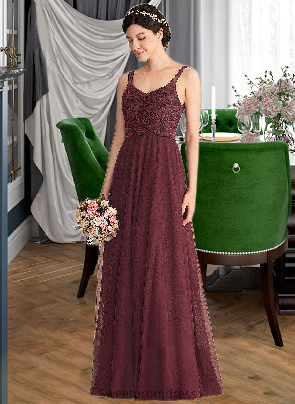 Kristina A-Line/Princess V-neck Floor-Length Tulle Lace Bridesmaid Dress DHP0013295