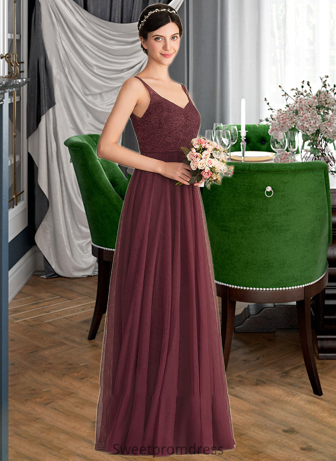 Kristina A-Line/Princess V-neck Floor-Length Tulle Lace Bridesmaid Dress DHP0013295