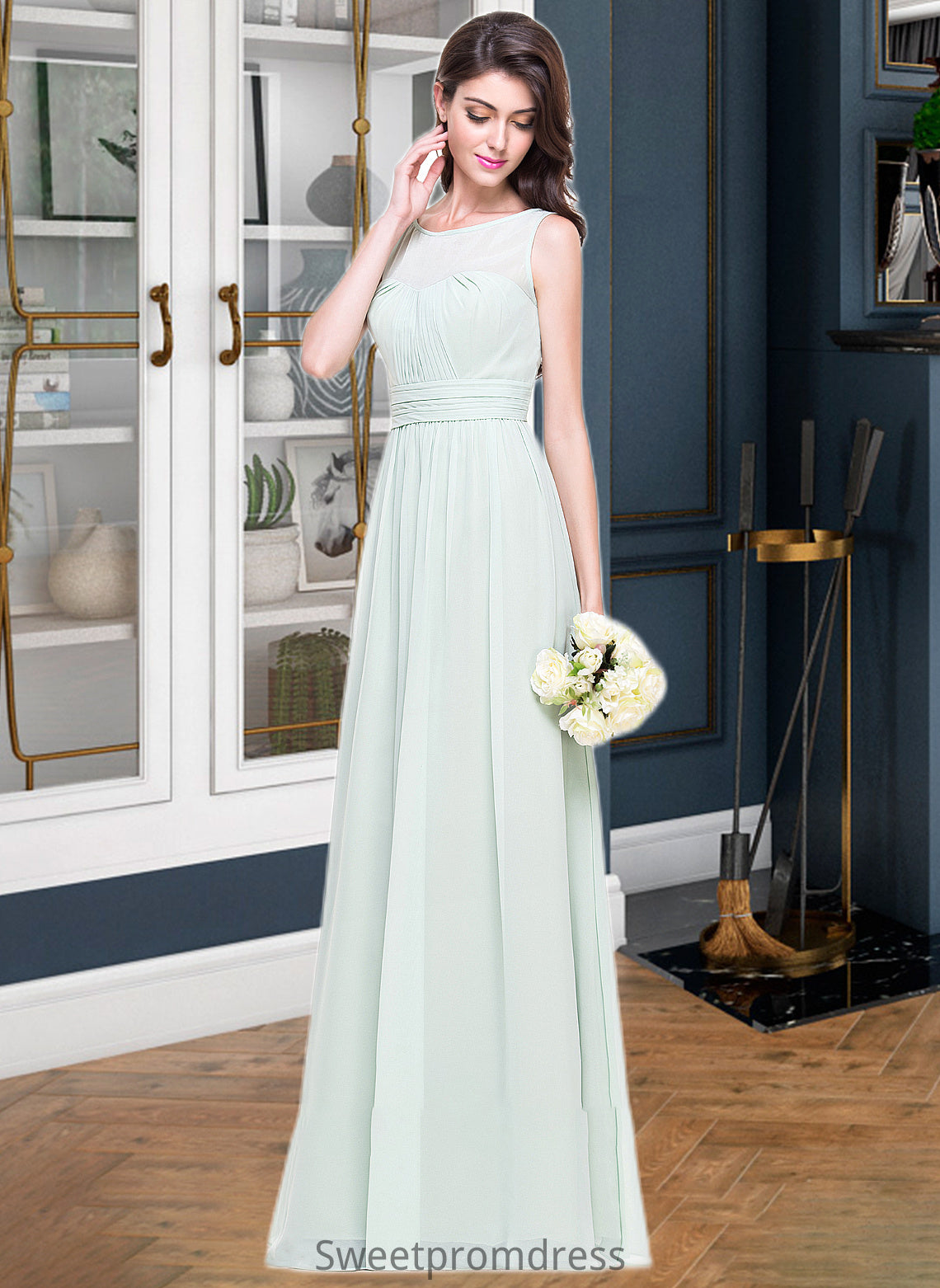 Jackie A-Line Scoop Neck Floor-Length Chiffon Bridesmaid Dress With Ruffle DHP0013296