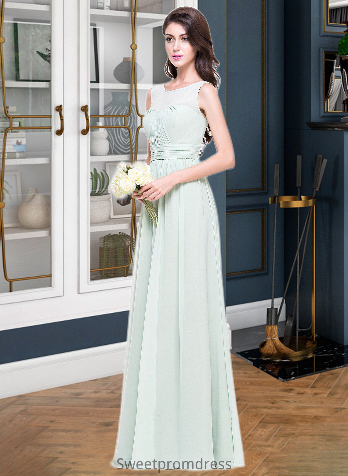 Jackie A-Line Scoop Neck Floor-Length Chiffon Bridesmaid Dress With Ruffle DHP0013296